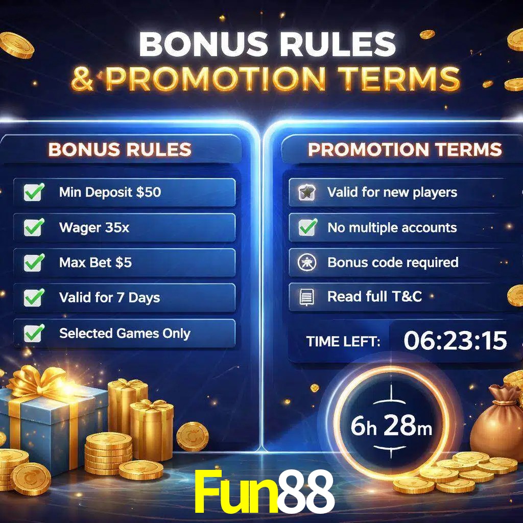Reglas de promoción Fun88 y condiciones de bonos explicadas visualmente