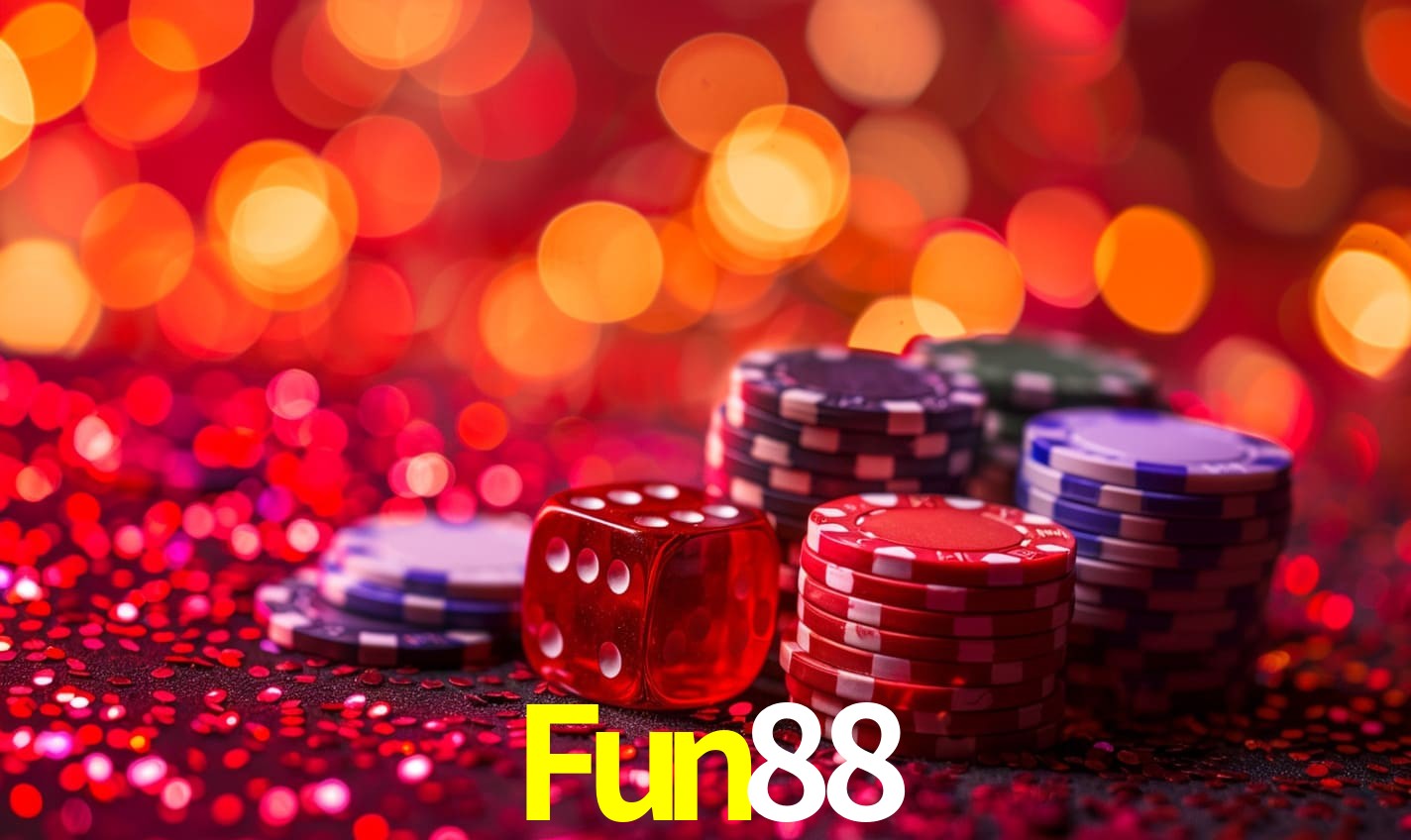 Escena dinámica inspirada en casino con iluminación Fun88, cartas, fichas e íconos de juegos digitales en un espacio moderno de juegos.