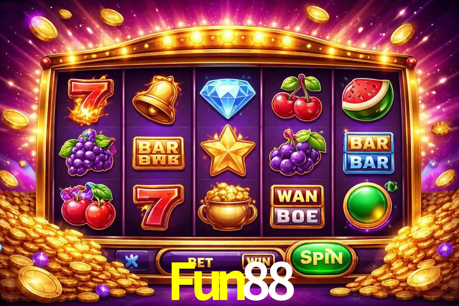 Una interfaz colorida de tragamonedas en línea con símbolos brillantes, monedas y un efecto de victoria celebratoria en Fun88.