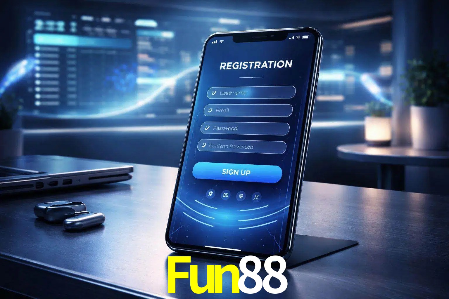 Una interfaz moderna de registro móvil para Fun88 mostrada en un smartphone con un panel de apuestas elegante.